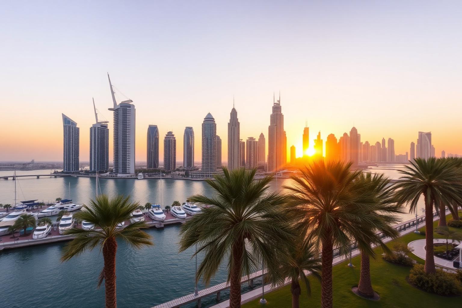 Dubai Marina skyline at sunset